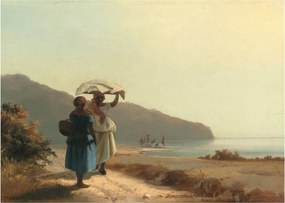 Sklenený obraz - Camille Pissarro, Two Women Chatting by the Sea, St. Thomas, reprodukcia (70x50 cm)