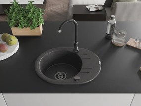 Mexen Kevin, granitový drez 586x458x190 mm, 1-komorový, čierna škvrnitá s čiernym sifónom, 6517581005-76-B