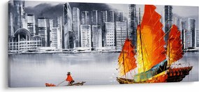 Obraz - Victoria Harbor, Hong Kong, čiernobiela olejomaľba (120x50 cm)