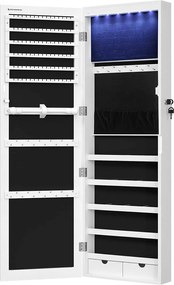 LED skrinka na šperky, nástenný zrkadlový organizér na šperky s 2 zásuvkami, biela