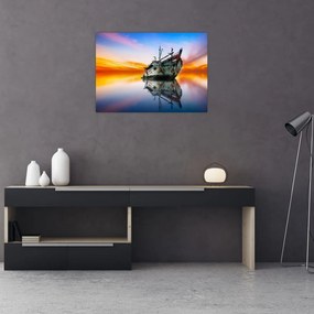Sklenený obraz - Svitanie nad vrakom lode (70x50 cm)