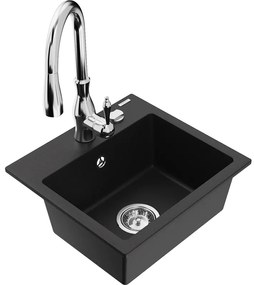 Mexen Milo, 1-komorový granitový drez 435x410x171 mm a drezová batéria Savita, čierna, 6505-77-672601-00