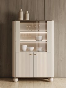 Vitrína Vesper 103 cm štvordverová - kašmír / orech / zlaté úchytky / guľové nohy