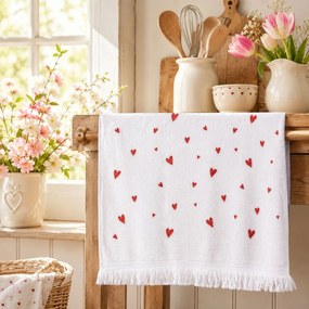 Biely froté kuchynský uterák so srdiečkami - 40*66 cm