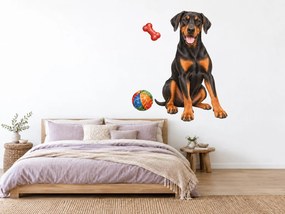 Doberman s loptičkou a kosťou realistické textilné nálepky na stenu pre milovníkov dobermanov arch 31 x 46 cm