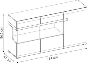 Široká komoda s presklením Linate, biely lesk/dub