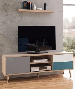 TV skrinka Cuba, dub/biela/šedá/petrolejová