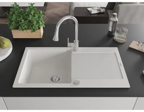 Mexen Leo, 1-komorový granitový drez 900x500x190 mm a drezová batéria Elia, biela, 6501-20-670101-00