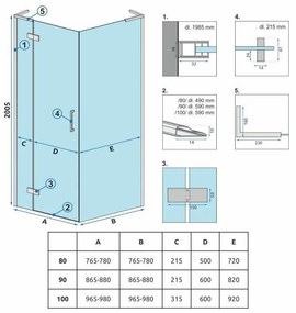 Rea Hugo, 1-krídlová sprchová kabína 90(dvere) x 80(stena) x 200,5 cm, zlatá matná, KPL-K8414