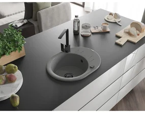 Mexen Kevin, drez granitový 586x458x190 mm, 1-komorový a čierna matná batéria Rita, šedá, 6517-71-670300-70-B