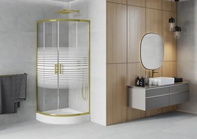 Mexen Rio, štvrťkruhový sprchovací kút s posuvnými dverami 80(dvere) x 80(dvere) x 190 cm, 6mm číre sklo s pásikmi, zlatý profil + biela sprchová vanička RIO, 863-080-080-50-20-4710