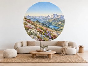 Protež nad alpským plesom alpská kruhová akvarelová dekorácia s horskými kvetmi na stenu do spálne arch 46 x 46 cm