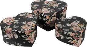 3ks čierny box s kvetmi v tvare srdca - 28*26*14/24*23*12/21*20*10 cm