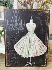 Čierna antik nástenná kovová ceduľa s figurínou v šatách - 25*33 cm