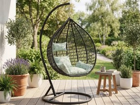 Čierne závesné kreslo KOKON so stojanom, svetlozelený vankúš so vzorom