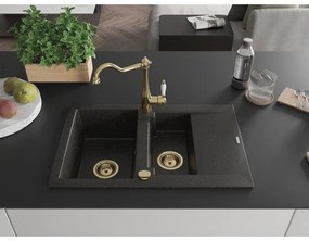 Mexen Gaspar, granitový drez 752x436x161 mm, 1,5-komorový a drezová batéria Carla, čierna-zlatá metalíza, 6507-75-670700-50