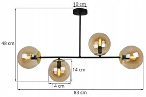 Stropné svietidlo PARIS, 4x medové sklenené tienidlo, čierna konštrukcia