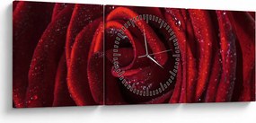 Obraz - Červená ruža s kvapkami rosy (s hodinami) (90x30 cm)