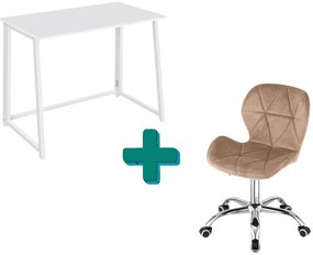 Set do pracovne ZARIMO stôl 80x40 cm, biela + kreslo AVOLA VELVET svetlo hnedé