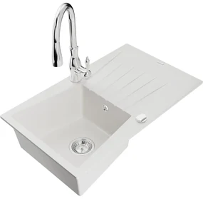 Mexen Cesar, 1-komorový granitový drez 775x470x190 mm a drezová batéria Savita, biela, 6513-77-672601-70