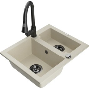 Mexen Carlos, 1,5-komorový granitový drez 582x475x177 mm a drezová batéria Elia, béžová, 6518-69-670101-70