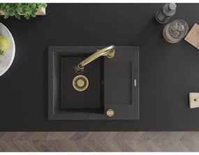 Mexen Enzo, 1-komorový granitový drez 576x465x174 mm a drezová batéria Elia, čierna škvrnitá, 6506-76-670101-50