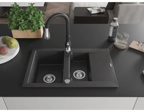 Mexen Gaspar, 1,5-komorový granitový drez 737x475x177 mm a drezová batéria Savita, čierna škvrtnitá, 6507-76-672601-70