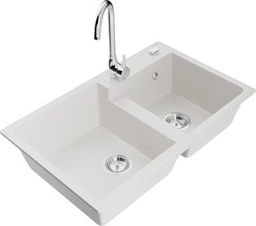 Mexen Tomas, granitový drez 800x500x190 mm, 2-komorový a chrómová batéria Telma, biela, 6516-20-670200-00