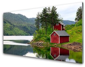 Obraz na akrylátovom skle Hory dom jazero príroda 100x50 cm