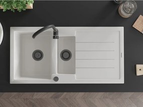 Mexen Andres, granitový drez 1000x500x200 mm, 1,5-komorový, biela s čiernym sifónom, 6515101510-20-B