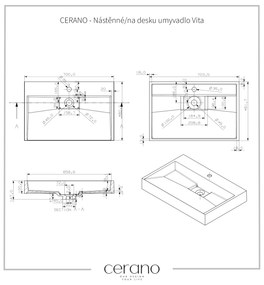 CERANO - Umývadlo z liateho mramoru Vita - nástenné aj na dosku - otvor pre batériu - biela matná - 70x46 cm, CER-CER-8050BD6943