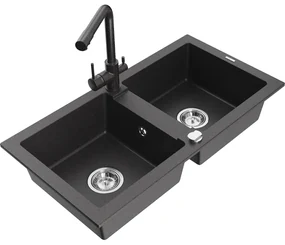 Mexen Mario, 2-komorový granitový drez 820x436x161 mm a čierna škvrnitá drezová batéria Duero, čierna škvrnitá, 6504-76-671600-76