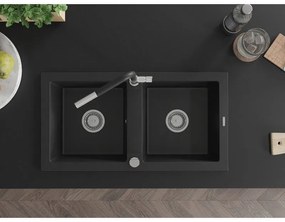 Mexen Mario, 2-komorový granitový drez 820x436x161 mm a drezová batéria Flora, čierna, 6504-77-670401-07