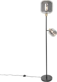 Stojaca lampa čierna so zlatom s dymovým sklom 2-svetlo - Zuzanna
