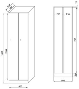 Kovová šatníková skrinka zúžená, 2 oddiely, 1850 x 500 x 500 mm, zámok s čítačkou RFID kariet, laminované dvere, biela