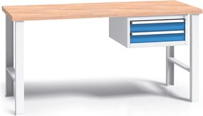 Pracovný stôl do dielne G3 so závesným boxom na náradie, buková škárovka, 2 zásuvky, pevné kovové nohy, 1500 mm, modrá