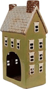 Zelený keramický svietnik na čajovú sviečku domček Amster Village - 14*10*26 cm