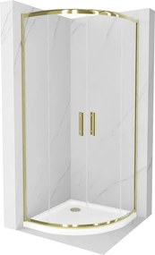 Mexen Rio, štvrťkruhový sprchovací kút s posuvnými dverami 80(dvere) x 80(dvere) x 190 cm, 6mm číre sklo, zlatý profil + biela sprchová vanička SLIM, 863-080-080-50-00-4110G