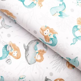Biante Detský bavlnený záves Sandra SA-691 Modrozelené morské panny s delfínmi a veľrybami na bielom 150x230 cm