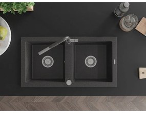 Mexen Mario, 2-komorový granitový drez 820x436x161 mm a drezová batéria Flora, čierna škvrnitá, 6504-76-670401-08