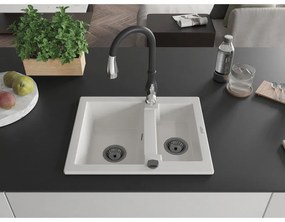 Mexen Carlos, 1,5-komorový granitový drez 582x475x177 mm a drezová batéria Savita, biela, 6518-20-672601-70