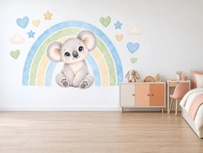 Koala pod dúhou modrozelené akvarelové nálepky na stenu pre dievčatá hárok 46 x 33 cm