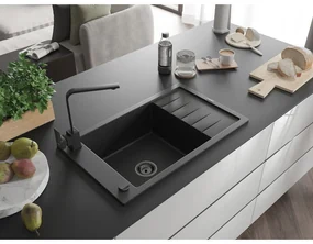Mexen Elias, granitový drez granitový 795x480x200 mm, 1-komorový, čierna-strieborná metalíza s čiernym sifónom a čierna drezová batéria Rita, 6511-73-670300-70-B
