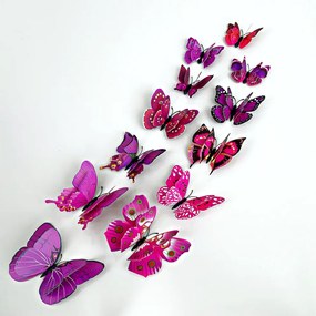 PIPPER | Samolepka na stenu "Realistické plastové 3D Motýle s dvojitými krídlami - Fialové" 12ks 6-12 cm