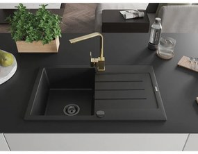 Mexen Bruno, drez granitový 795x495x200 mm, 1-komorový, čierna s čiernym sifónom a zlatá drezová batéria Rita, 6513-77-670300-50-B
