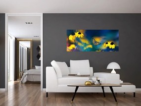 Obraz - Žltý motýľ s kvetmi (120x50 cm)