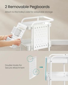 Kuchynský vozík, 3 kovové sieťované police, servírovací vozík, 32,3 x 43,3 x 73,9 cm, biely