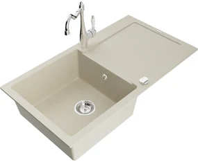 Mexen Leo, granitový drez 900x500x190 mm, 1-komorový a drezová batéria Carla, béžová, 6501-69-670700-00