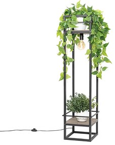 Priemyselná stojaca lampa čierna s drevenými prvkami - Cage Rack