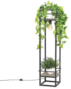 Priemyselná stojaca lampa čierna s drevenými prvkami - Cage Rack